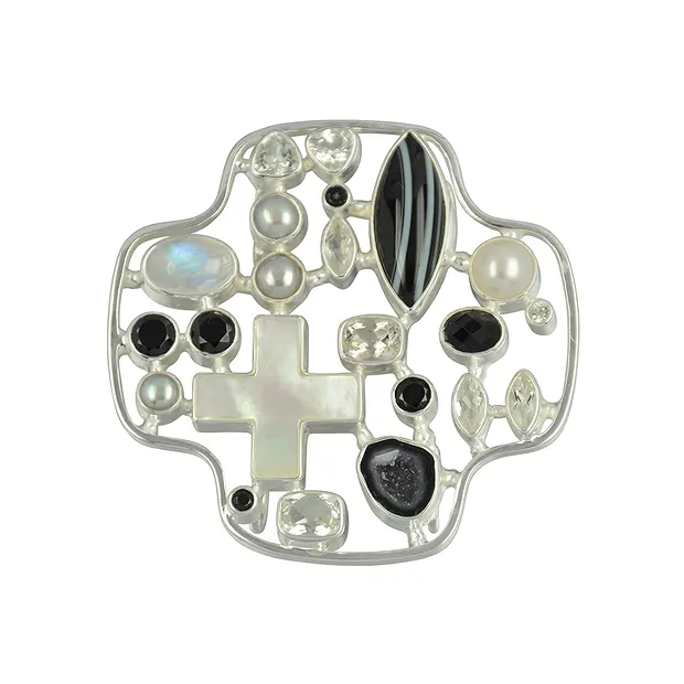 Colgante Ónice, topacio, Ágata drusa, labradorita, perla, 6cm | Marco Schreier