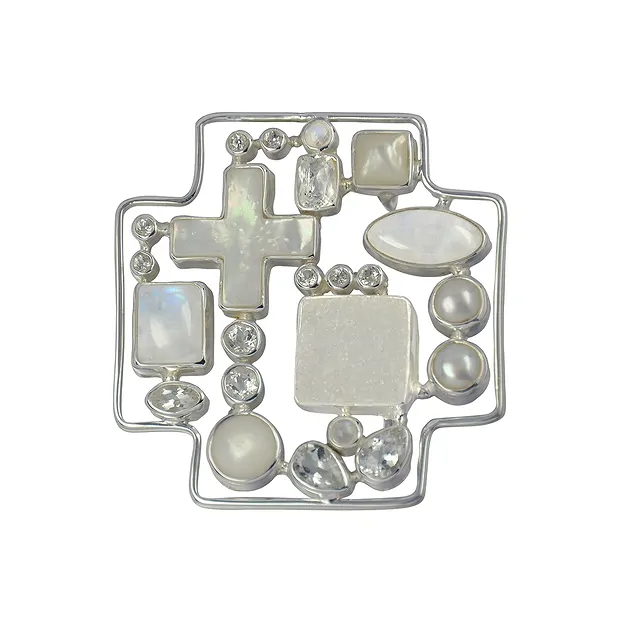 Pendentif Agate Druzy, Topaze, Labradorite, Perle, Nacre, env. 6cm | Marco Schreier