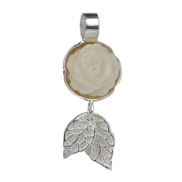 Pendentif Rose nacrée, feuilles, 30 x 11mm | Marco Schreier