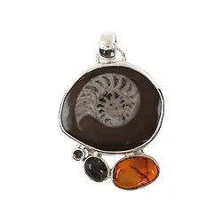 242005200037 Pendentif Ammonite, Ambre, Labradorite, Péridot, 4,9cm | Marco Schreier