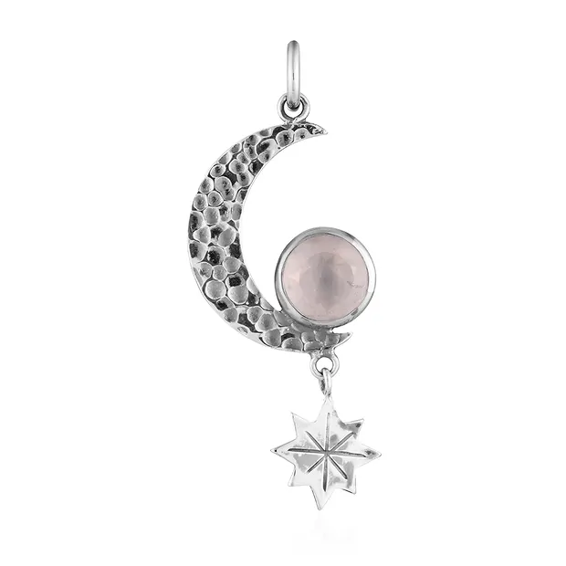 Pendant Rose Quartz (10mm), moon, star, 5.2cm | wholesaler gems & healing stones