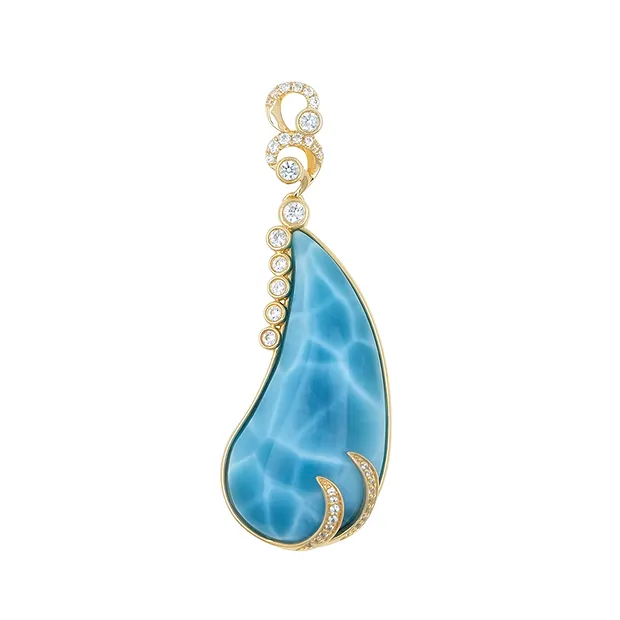 Larimar pendant, drop (40 x 19mm), 6.2cm, gold 375 | Marco Schreier