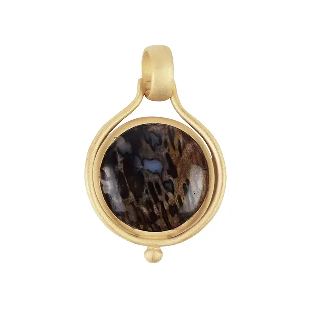 Petrified Palm Wood pendant, round (15mm), 3.3cm, gold-plated, matt | Marco Schreier