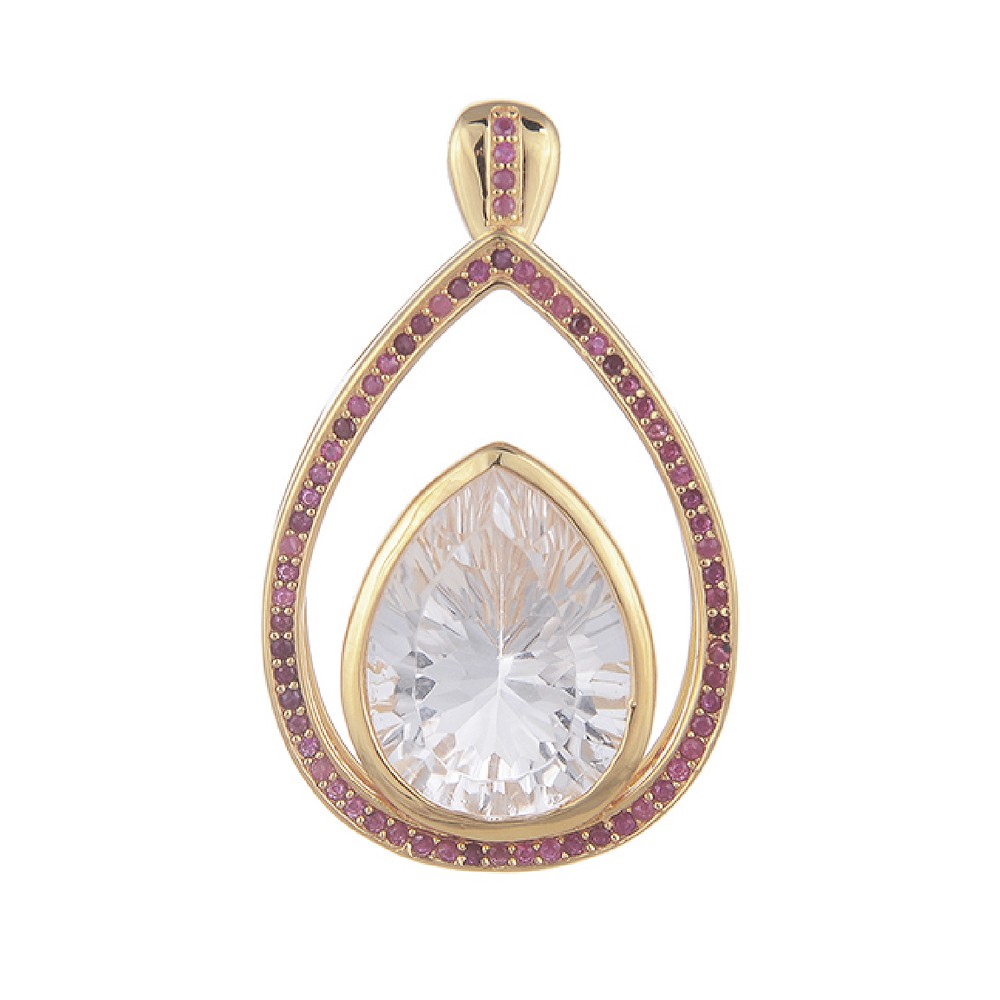Pendentif Cristal de roche, Goutte avec Rubis, 3,5cm, doré à l'or fin | Marco Schreier
