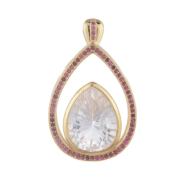 Pendentif Cristal de roche, Goutte avec Rubis, 3,5cm, doré à l'or fin | Marco Schreier