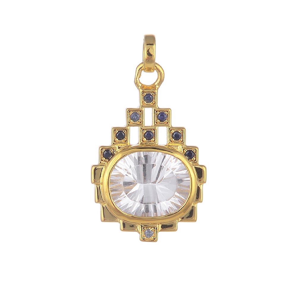 Rock Crystal pendant, oval with Sapphire, 2.7 cm, gold-plated | Marco Schreier