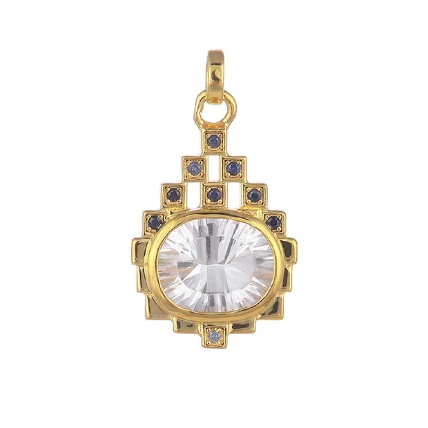 Pendentif Cristal de roche, Ovale avec Saphir, 2,7cm, doré à l'or fin | Marco Schreier