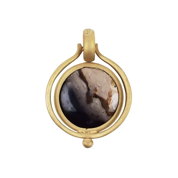 Anhänger versteinertes Palmholz, rund (15mm), 3,4cm, vergoldet | Marco Schreier