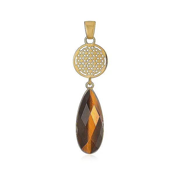 Pendant Tiger's Eye, drop (12 x 8mm) with Flower of Life, 6.0cm, gold-plated | Marco Schreier