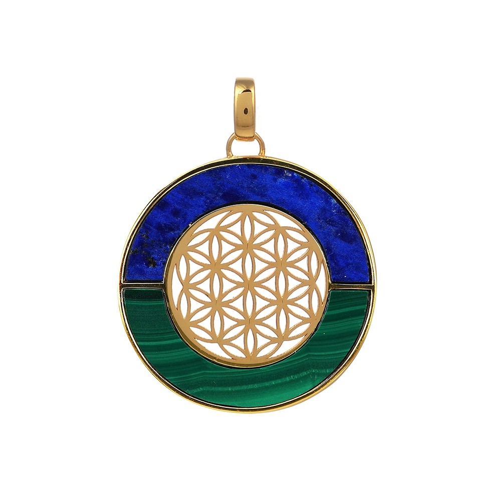 Pendentif Malachite, Lapis-lazuli Fleur de vie, 4,0cm, doré à l'or fin | Marco Schreier