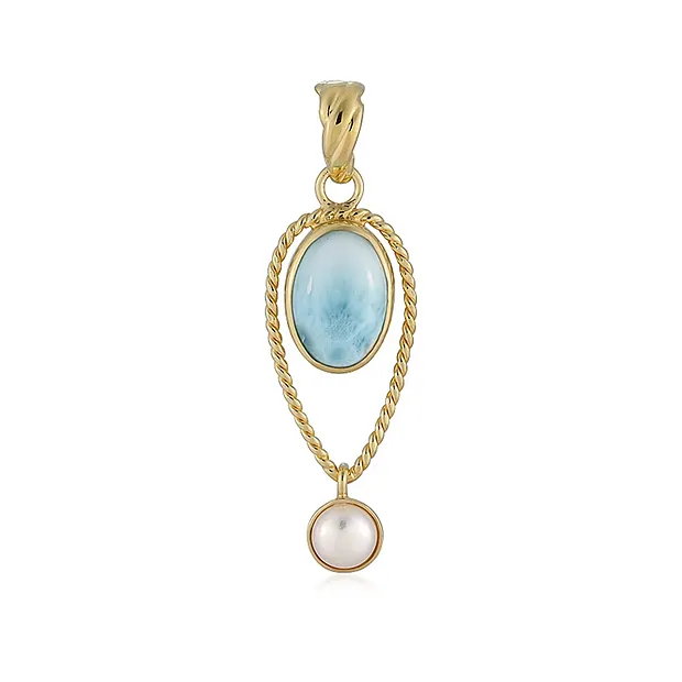 Larimar pendant, oval (14 x 10mm) with pearl, 5.0cm | Marco Schreier