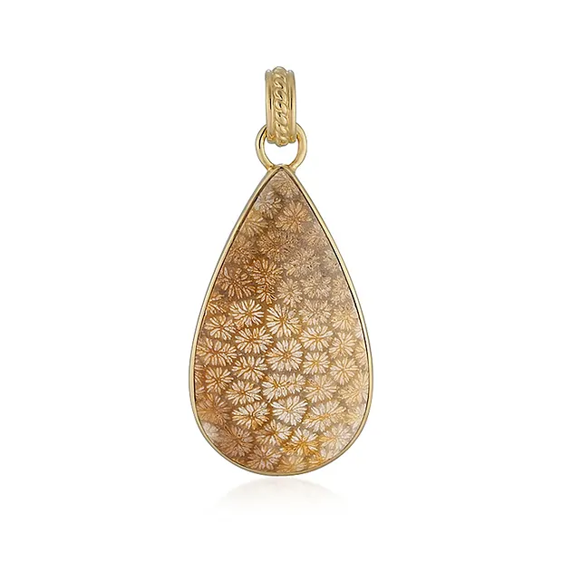 Anhänger versteinerte Koralle, Tropfen (35 x 20mm), 4,7cm, vergoldet | Marco Schreier