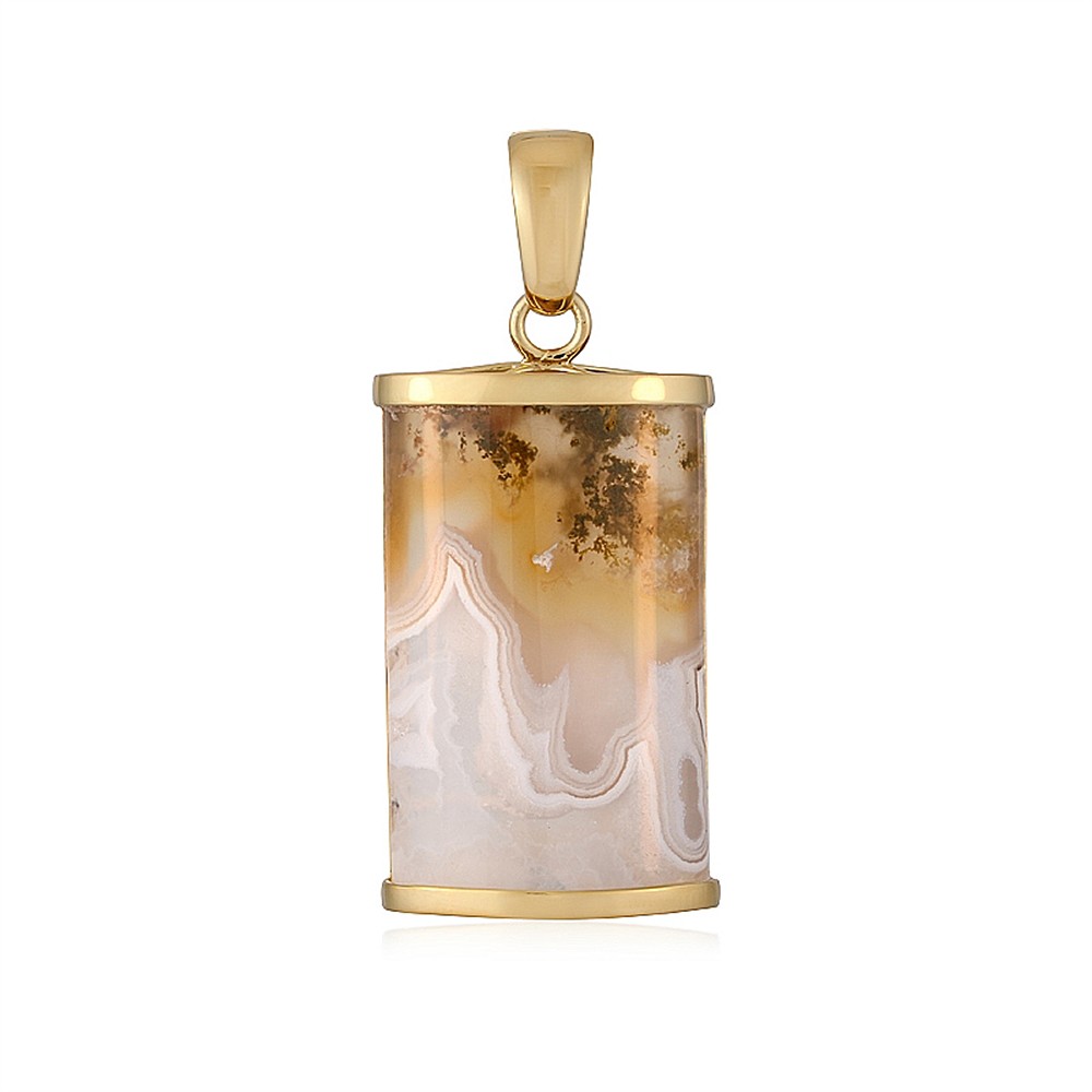 Anhänger Moosachat (gelb), Halb-Zylinder (30 x 15mm), 4,0cm, vergoldet | Marco Schreier