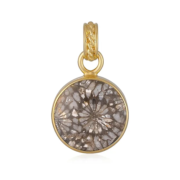 Pendentif Corail fossilisé, rond (15mm), 3,5cm, doré | Marco Schreier