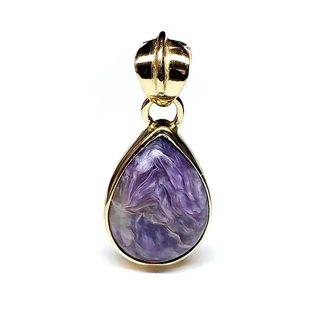 Charoite pendant, drop (16 x 11mm), 2.5cm, gold-plated | Marco Schreier