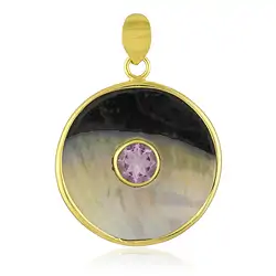 242009250002 Anhänger Perlmutt, Yin Yang rund (30mm), Amethyst, 4,1cm, vergoldet | Marco Schreier