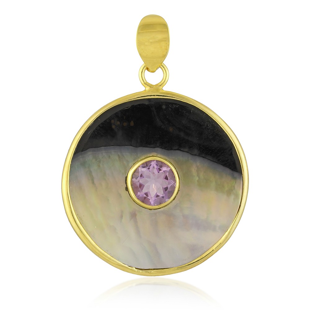 Anhänger Perlmutt, Yin Yang rund (30mm), Amethyst, 4,1cm, vergoldet | Marco Schreier