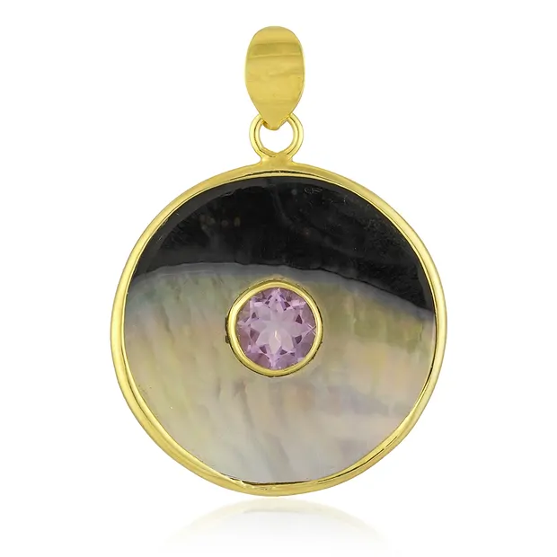 Anhänger Perlmutt, Yin Yang rund (30mm), Amethyst, 4,1cm, vergoldet | Marco Schreier