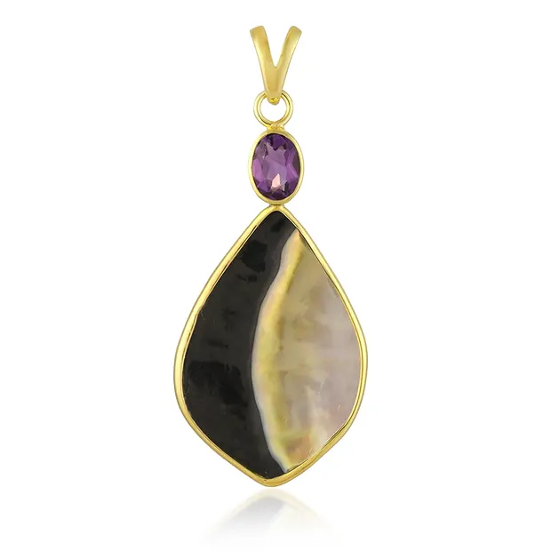 Anhänger Perlmutt, Yin Yang Tropfen (35 x 23mm), Amethyst, 5,6cm, vergoldet | Marco Schreier