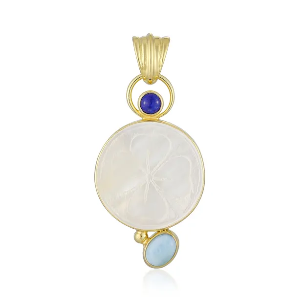 Anhänger Perlmutt, Kleeblatt (20mm), Larimar, Lapis Lazuli, 5,2cm, vergoldet | Marco Schreier