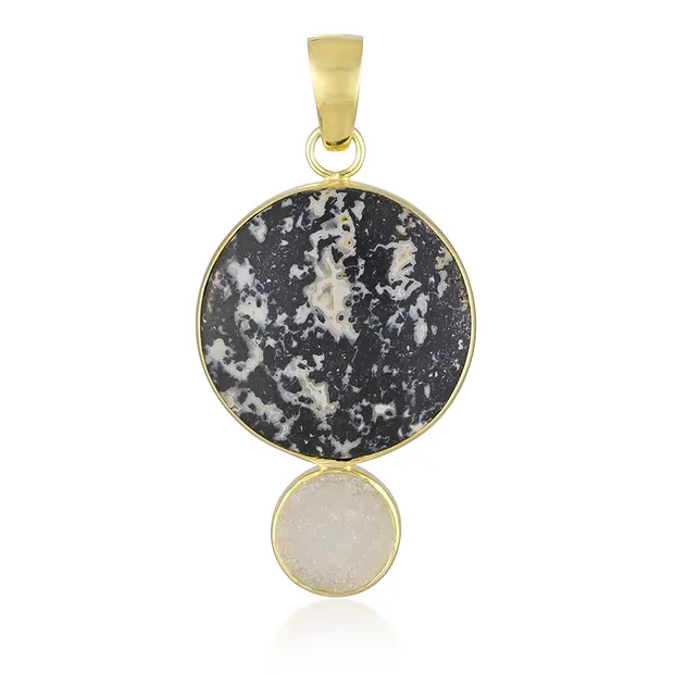 Pendentif bois de palmier noir/blanc, rond (26mm), Druzy, 5,0cm, doré | Marco Schreier