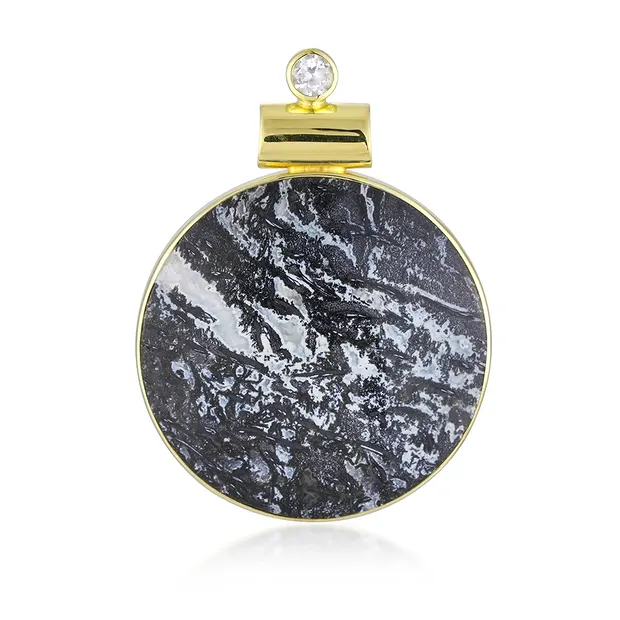 Palm wood pendant black/white, round (42 x 31mm), 4.2cm, gold-plated | Marco Schreier
