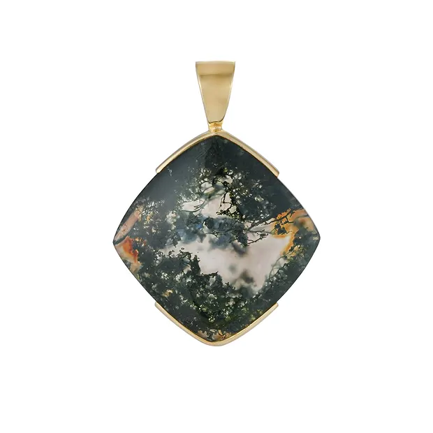 Pendentif en agate mousse, forme « cushion » (22 × 22 mm), 3,5 cm, plaqué or | Marco Schreier