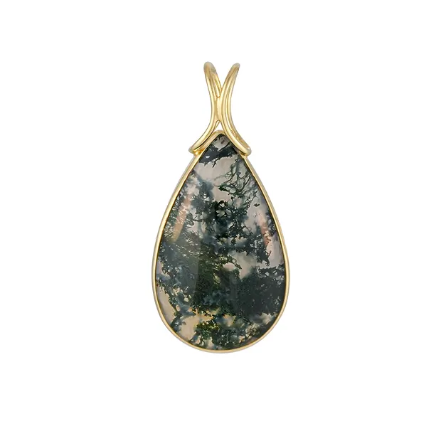 Pendentif en agate mousse, forme de goutte (27 × 16 mm), 3,5 cm, plaqué or | Marco Schreier