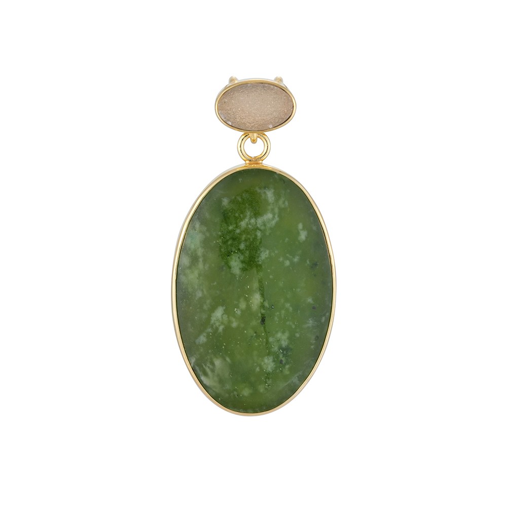 Anhänger Nephrit, Oval, Druzy, 5,2cm, vergoldet | Marco Schreier