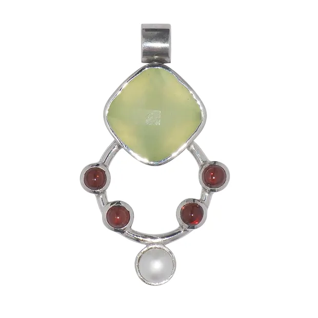 Pendentif prehnite, grenat, perle, 4,4cm, rhodié | Marco Schreier