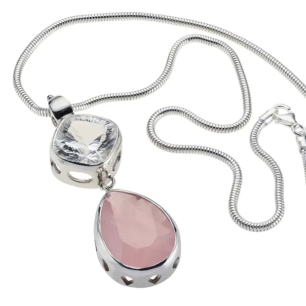 Ciondolo in quarzo rosa, cristallo di monte sfaccettato, 6,7 cm, rodiato | Marco Schreier