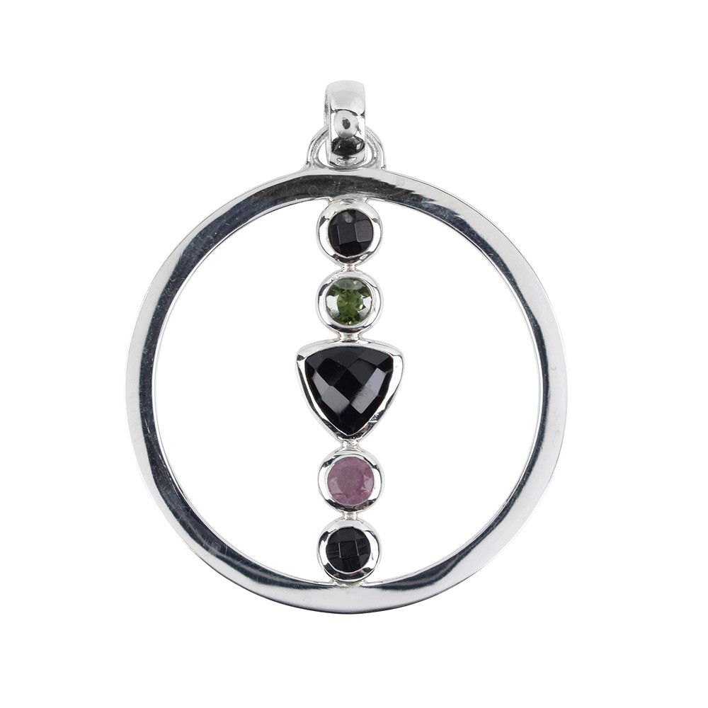 Pendant circle Onyx faceted trillion, Tourmaline (green) and pink, 4,8cm, rhodiniert | Marco Schreier
