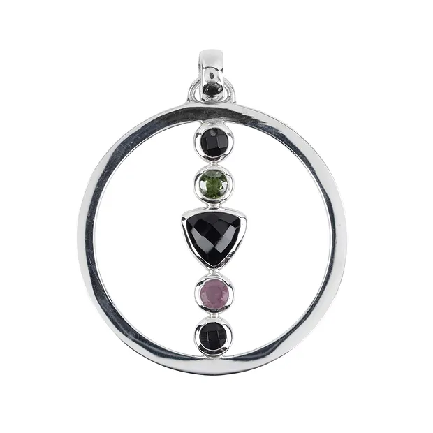 Anhänger Kreis Onyx facettiert Trillion, Turmalin grün und rosa, 4,8cm, rhodiniert | Marco Schreier