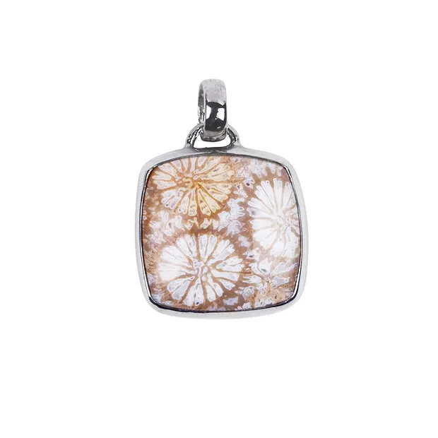 Pendentif Corail fossilisé, carré (18 x 18mm), 2,8cm, rhodié | Marco Schreier