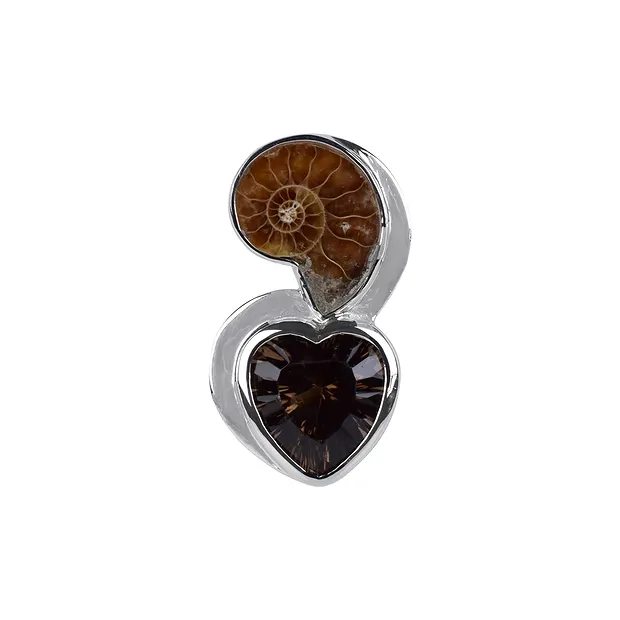 Ammonite pendant, faceted Smoky Quartz heart, 3.4 cm, rhodiniert | Marco Schreier