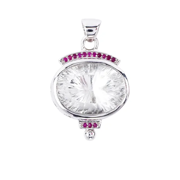Pendentif Cristal de roche ovale, rubis, 1,8 x 2,8cm, rhodié | Marco Schreier