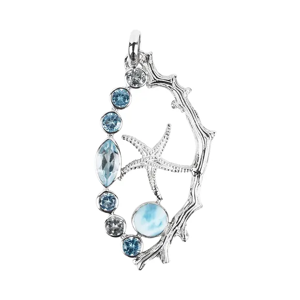 Ciondolo ramo di corallo, stella marina, topazio blu, Larimar, 5,2 cm, rodiato | Marco Schreier
