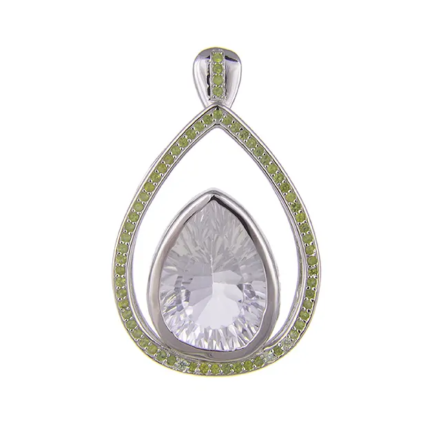Rock Crystal pendant, drop with Peridote, 3.5 cm, rhodiniert | Marco Schreier
