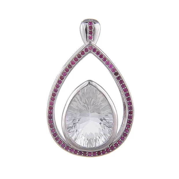 Rock Crystal pendant, drop with Ruby, 3.5cm, rhodiniert | Marco Schreier