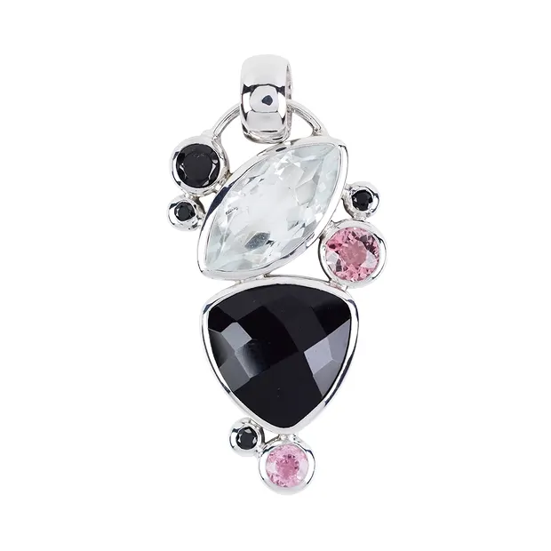 Onyx trillion pendant, white topaz, pink tourmaline, black Spinel, 4.2 cm, rhodiniert | Marco Schreier