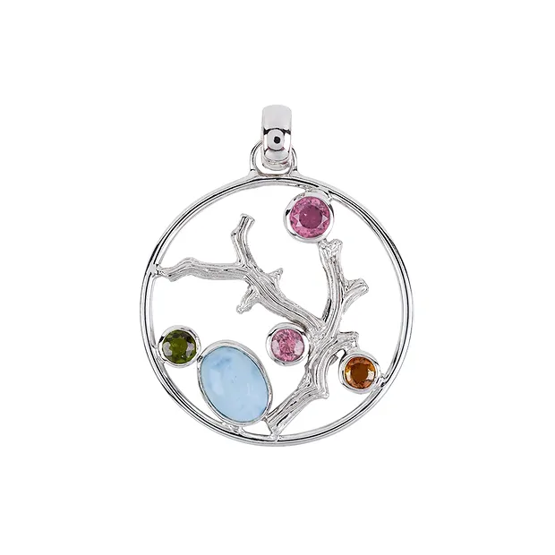 Pendentif branche de corail Larimar, tourmaline, rond, 4,4cm, rhodié | Marco Schreier