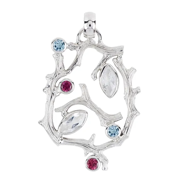 Ciondolo ramo di corallo Topazio (blu), tormalina rosa, 5,0 cm, rodiato | Marco Schreier