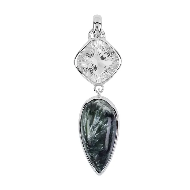 Pendant serafinite, drop (27 x 15mm), Rock Crystal, 4.1cm, rhodiniert | Marco Schreier