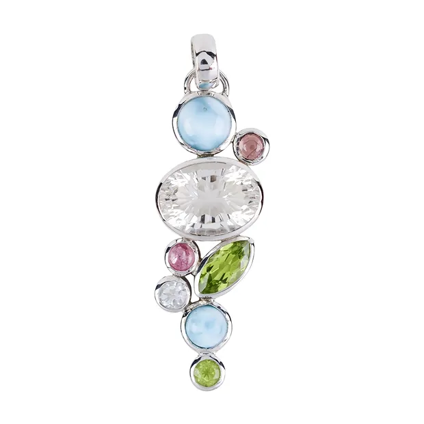 Anhänger Bergkristall, Larimar, Turmalin, Peridot, Topas, 5,1cm, rhodiniert | Marco Schreier