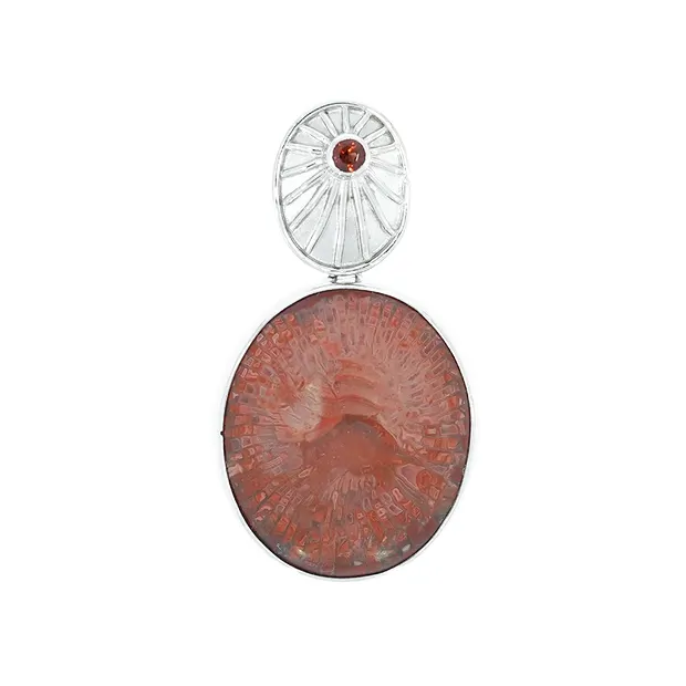 Horn coral pendant, oval (25 x 20mm), garnet, 4.0cm, rhodiniert | Marco Schreier