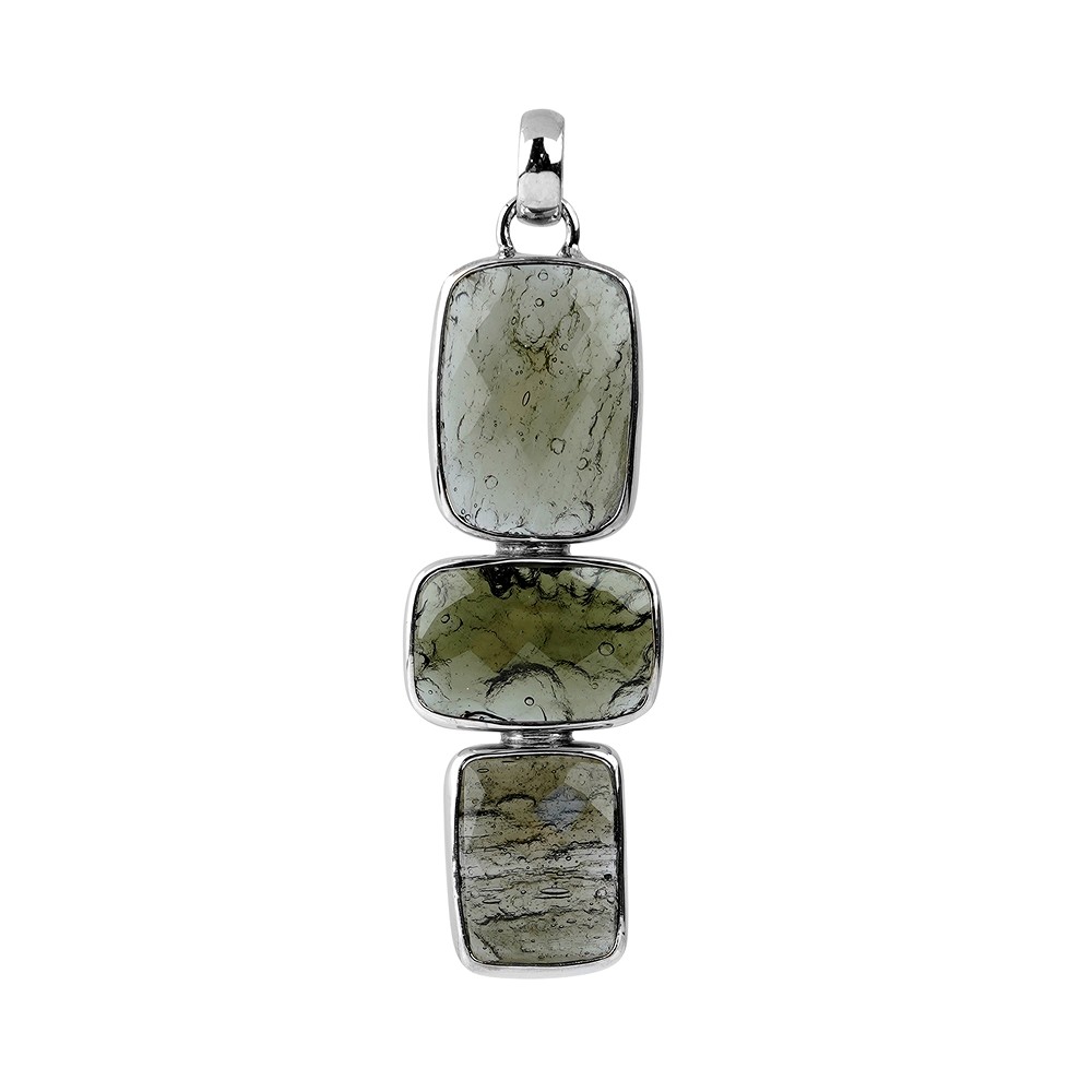 Moldavite rectangle pendant, 4.6 cm, rhodiniert | gems, healing stones & jewelry