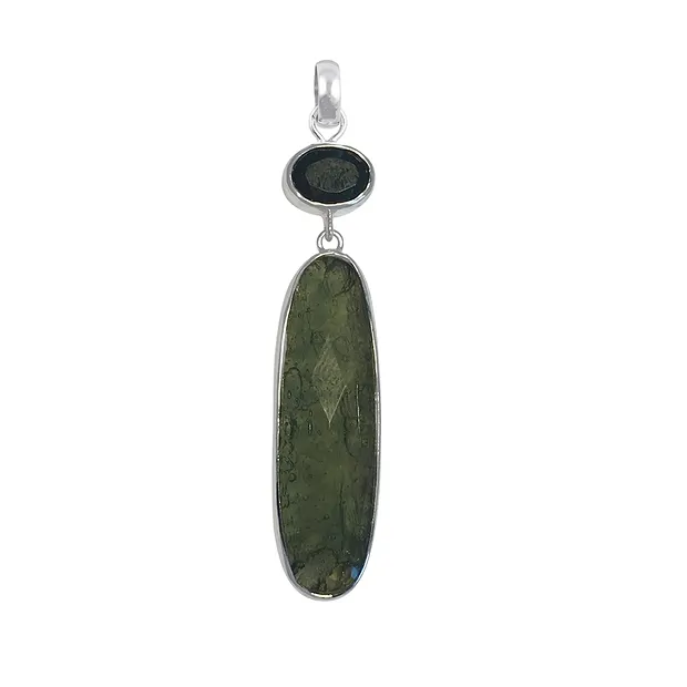 Pendentif Moldavite (30 x 10mm), Spinelle, 4,8cm, rhodié | Marco Schreier