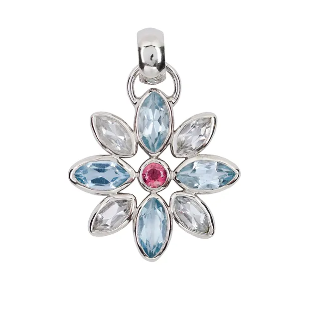 Pendentif Fleur Topaze blanche et bleue, 4,0cm, rhodié | Marco Schreier