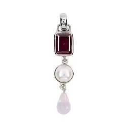 242018210354 Pendant garnet rectangle, pearl, Rose Quartz briolette, 4.7 cm, rhodiniert | Marco Schreier