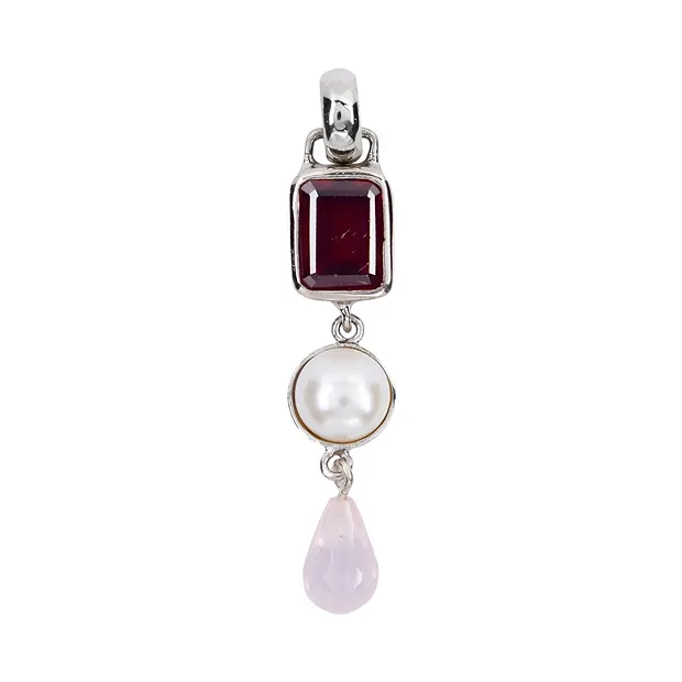 Colgante granate, perla, Cuarzo rosa, 4,7 cm, rodinado | Marco Schreier